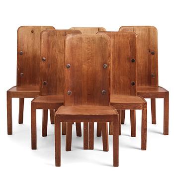 Axel Einar Hjorth, a set of 6 stained pine 'Lovö' dining chairs, Nordiska Kompaniet, Sweden 1930s.