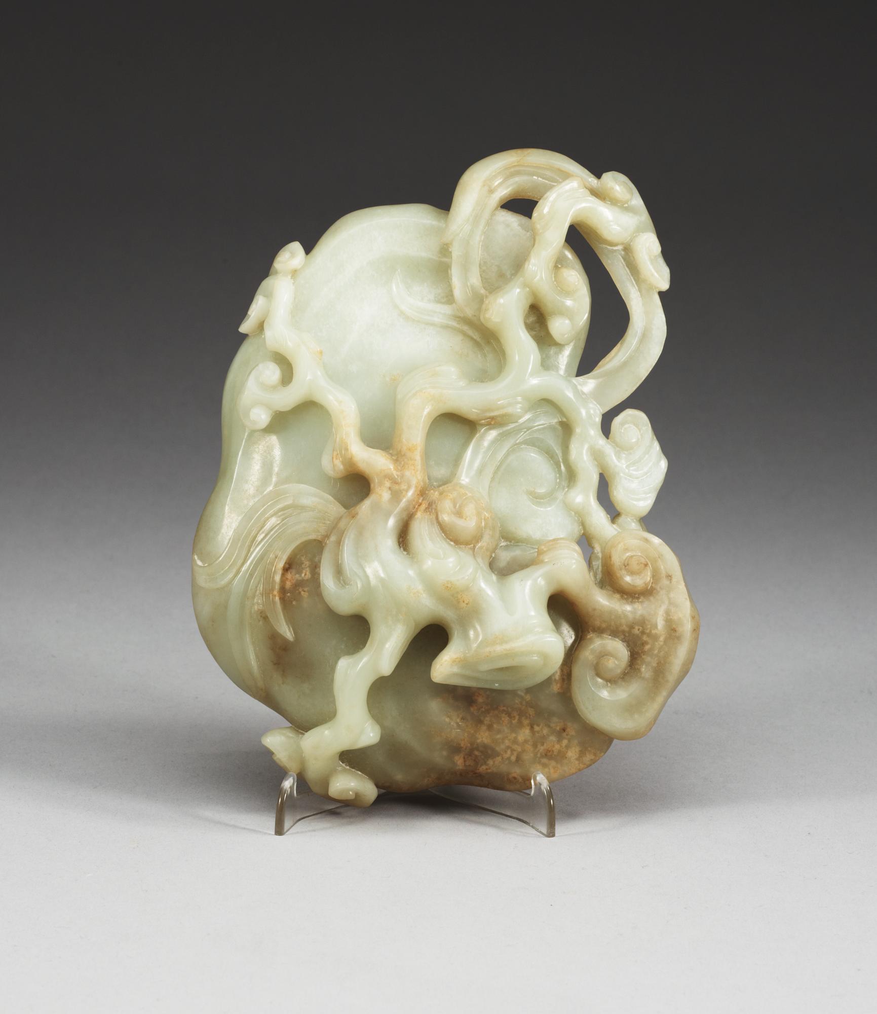 A large pale celadon nephrite brush washer with a wooden stand, Qing dynasty.