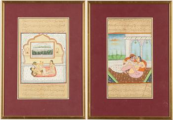 Unidentified artist, Erotic scenes in interiors, India, 20th century. Two pieces.