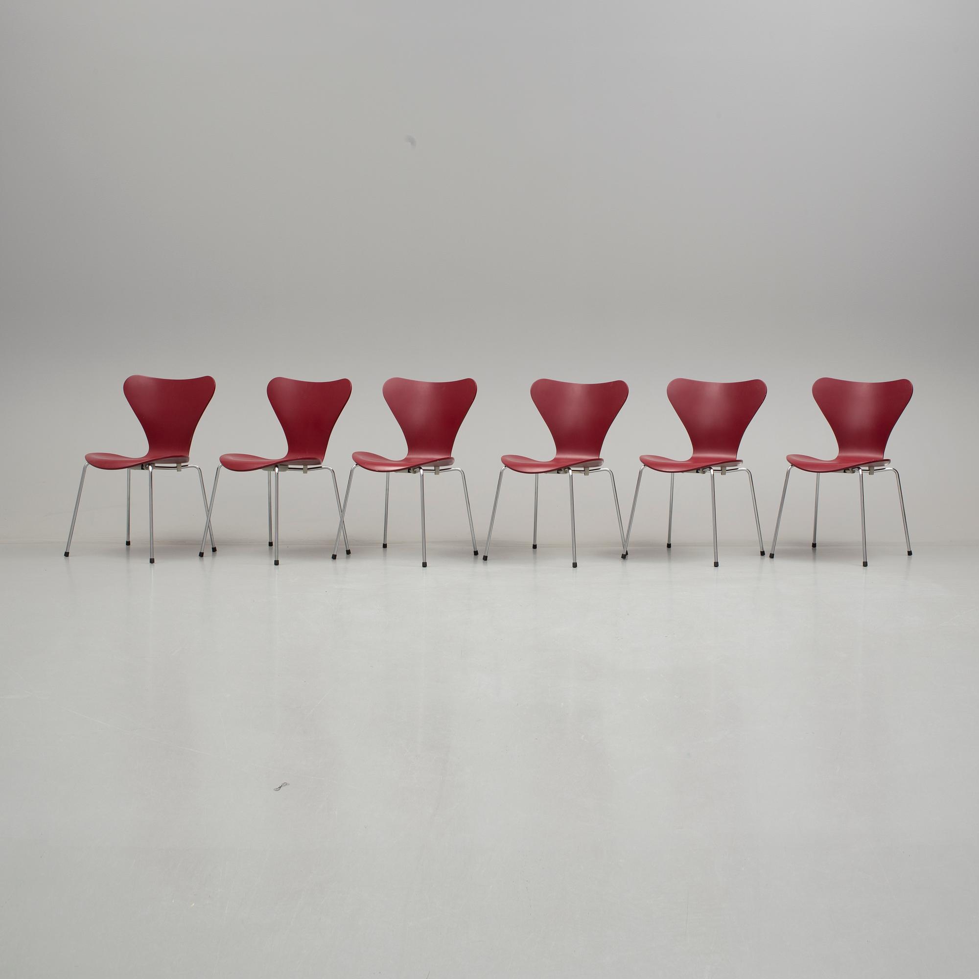ARNE JACOBSEN, stolar, "Sjuan", 6 stycken, Fritz Hansen, 1900/2000-tal.