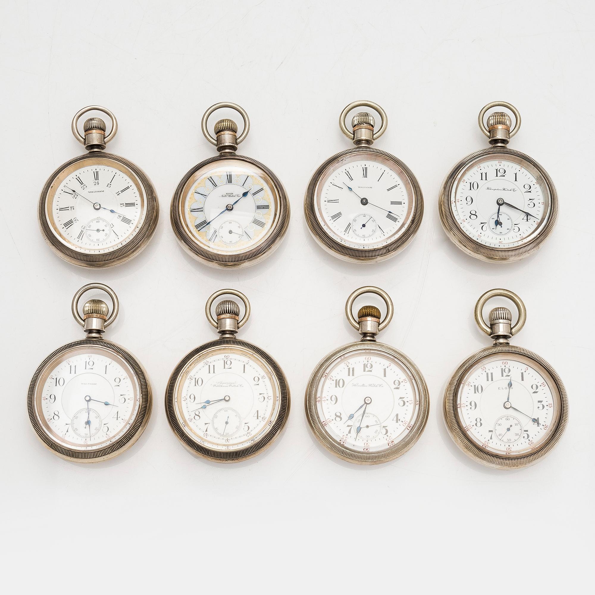 Kokoelma taskukelloja, 16 kpl, hopeaa.