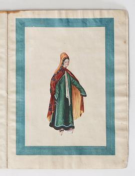 A Sunqua album of 10 export gouaches on paper, portraying the Chinese court, Qing dynasty, late 19th Century.