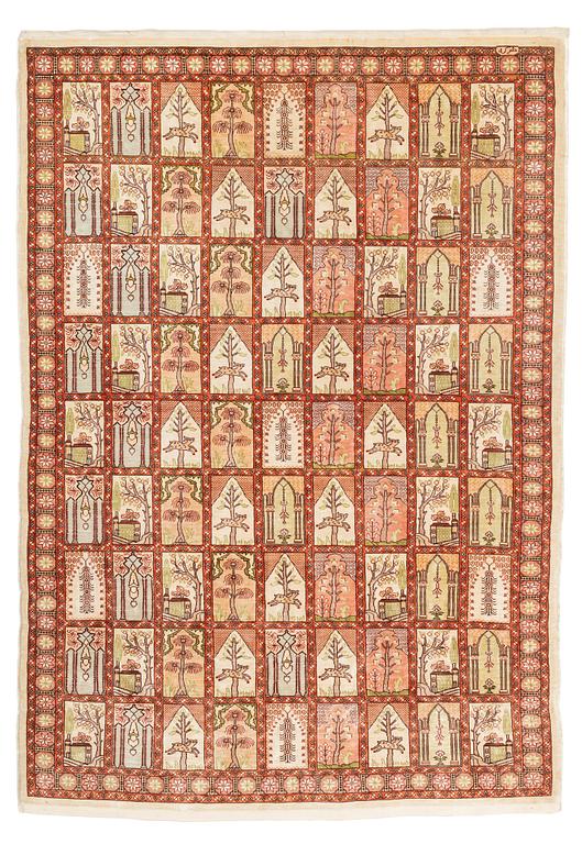 A silk Hereke rug, ca 93 x 68 cm.