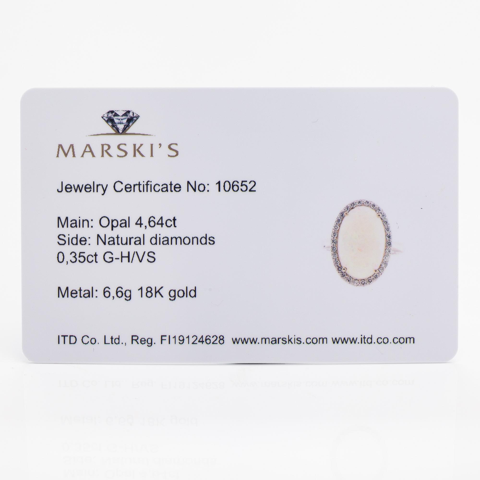 An 18K white gold ring with an opal ca. 4.64 ct and diamonds ca. 0.35 ct in total according to certificate.