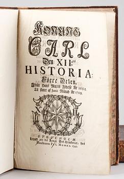 BÖCKER, 2 vol, "Konung Carl XII:tes historia", av J. Nordberg. Pet. Momma resp Peter Jöransson Nyström, Stockholm 1740.