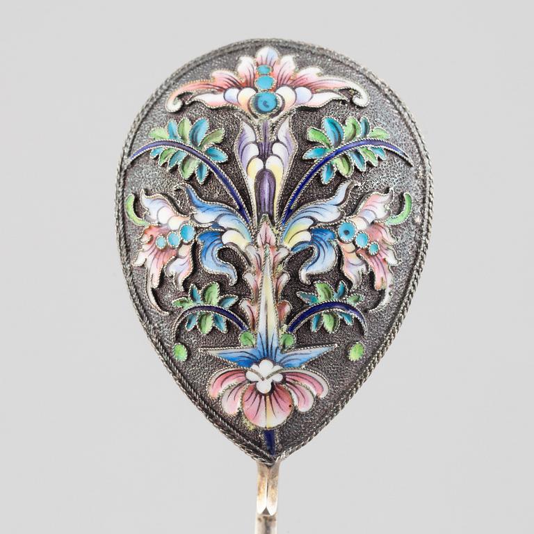 A Russian silver and enamel spoon, Moscow, 1908-26.