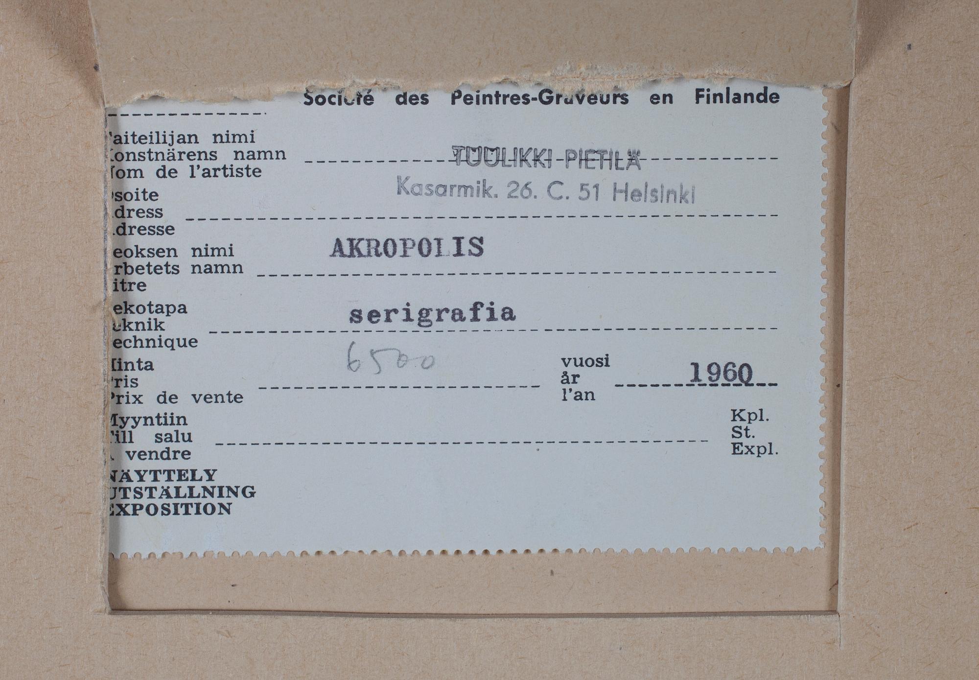 TUULIKKI PIETILÄ, serigrafi, signerad, daterad 1960, numrerad  III épreuve d'artiste.