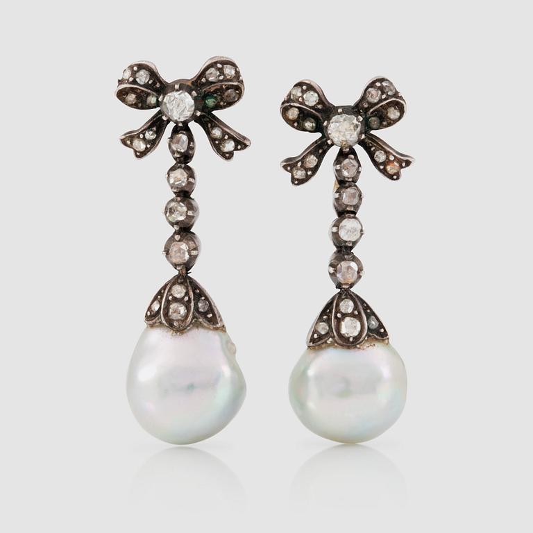 A pair of cultured pearl and rose-cut diamond earrings.