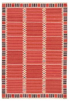 Barbro Nilsson, A CARPET, "Salerno kallröd med enkel bård", flat weave, ca 217 x 149,5 cm, signed AB MMF BN.