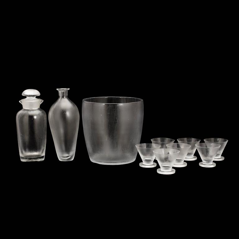 DRINKSET, 10 delar, glas, Vicke Lindstrand, Orrefors, "Iced", 1930-tal.