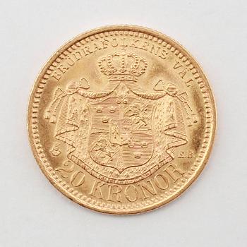 GULDMYNT, 20 kronor, Oscar 1899. Vikt ca 9 gram.