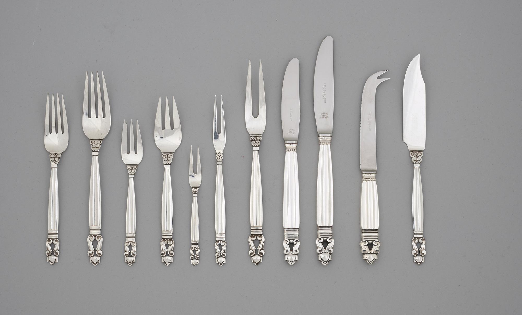 Johan Rohde, bestickuppsättning "Konge/Acorn", 133 delar, Georg Jensen, Köpenhamn efter 1945.