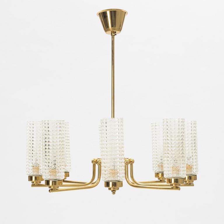 A glass and brass ceiling light, second half of the 20th Century.