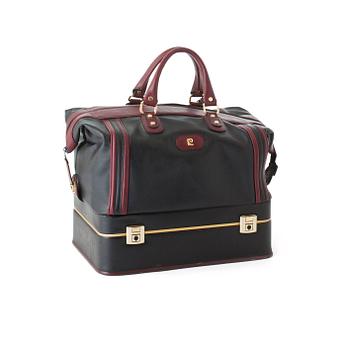 PIERRE CARDIN, a black and burgundy red travel bag.