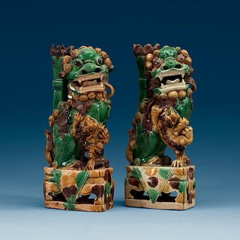 1483. Two green, aubergine and yellow glazed bisquit joss stick holders, Qing dynasty, Kangxi (1662-1722).
