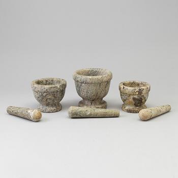 THREE SWEDISH GREEN MARBLE MORTARS AND PESTLES.