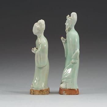 Two celadon glazed figures of daoistic deities, Qing dynasty, 18th Century.