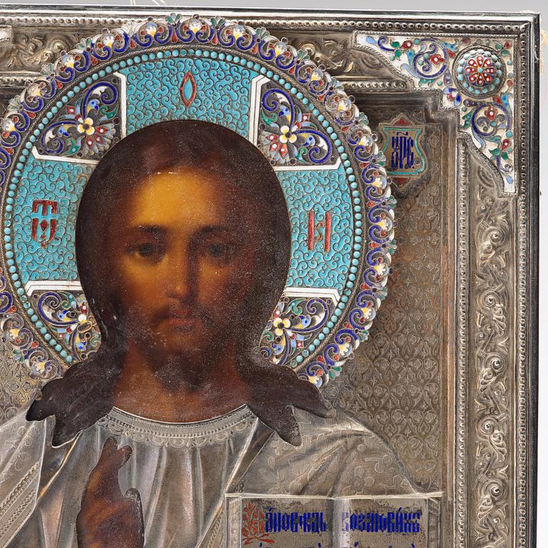 A Russian silver and cloisoné enamel icon of Christ Pantocrator, mark Sergei Zharov possibly, Moscow late 19th century.