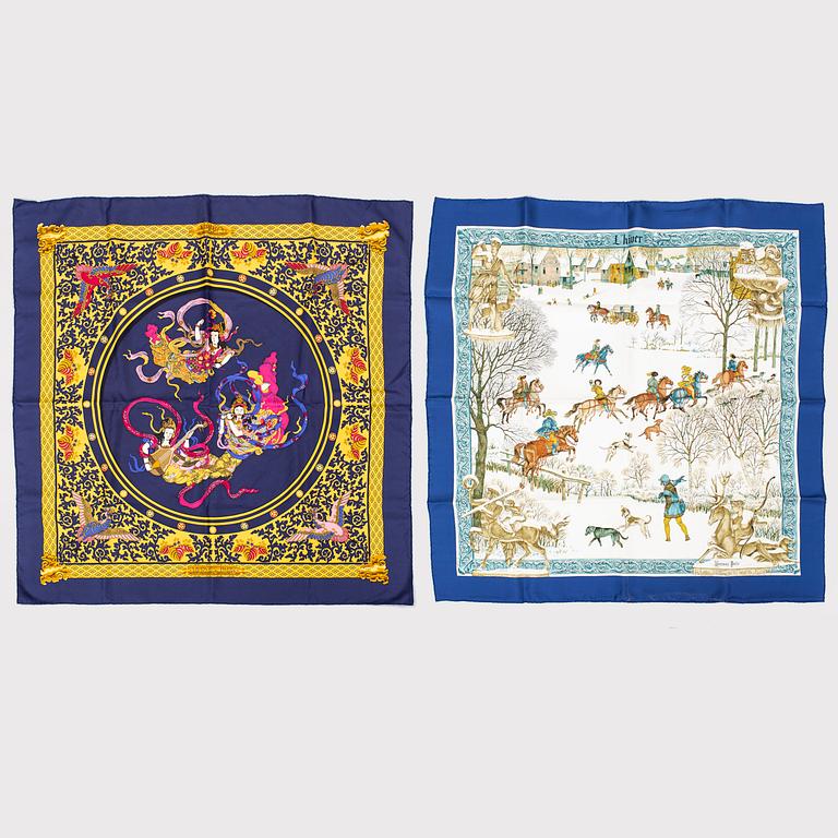 HERMÈS, 2 silk scarves, 'Nikko' & 'L'hiver'.