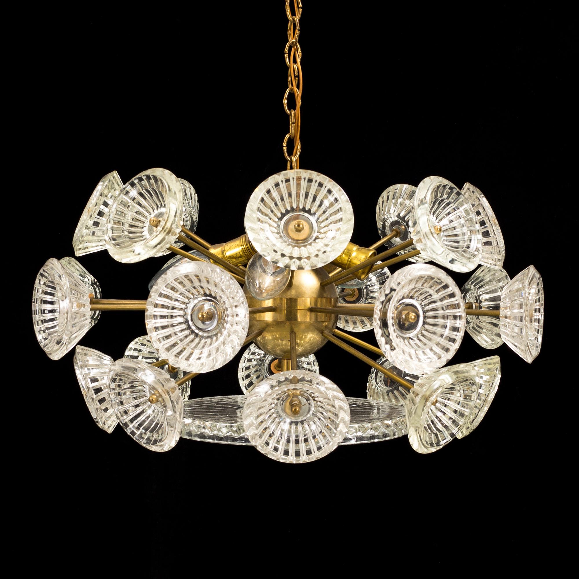 a 1950s/60s brass and glass ceiling light.