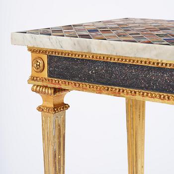 A late Gustavian giltwood console table with an Italian specimen-marble top , Stockholm, late 18th century.