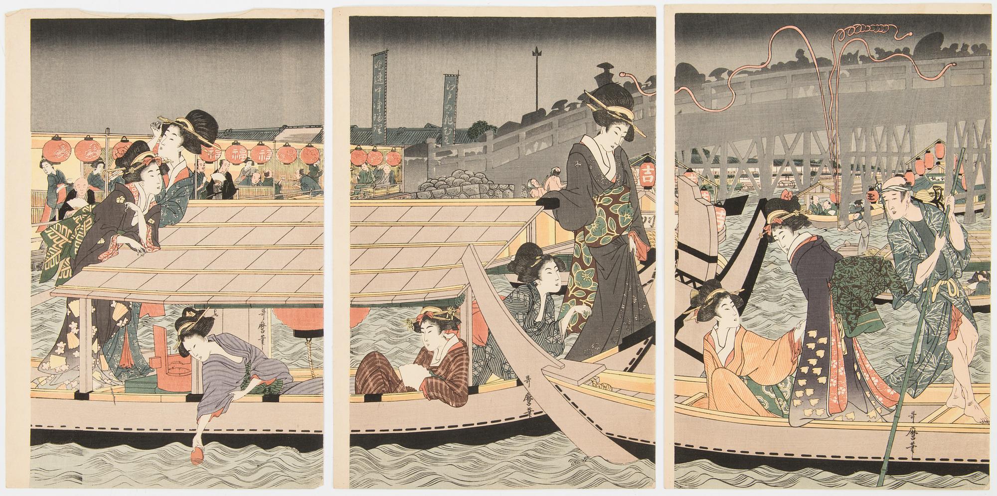 JAPANILAINEN PUUPIIRROS, triptyykki, myöhempi painos, 1900-luvun ensimmäinen puolisko, sekä kolme painotyötä.