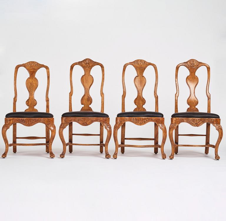 A set of four matched Swedish Rococo chairs, second part of the 18th century.