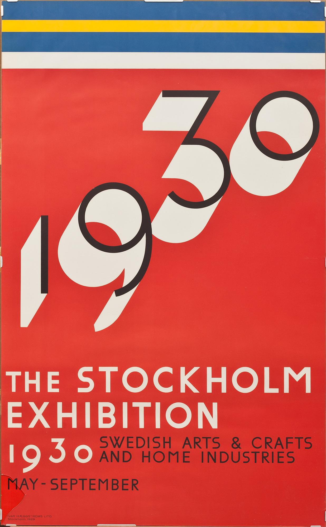 UTSTÄLLNINGSAFFISCH, "1930 The Stockholm Exhibition ..." av arkitekt Sigurd Lewerentz. Nytryck.