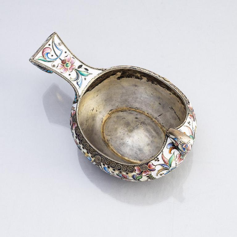 A silver and enamel kovsch, maker's mark Maria Semenova, Moscow 1908 - 1917.