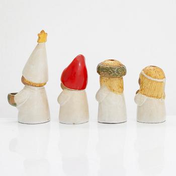 Lisa Larson, figuriineja/kynttilänjalkoja, 4 kpl, kivitavaraa, Gustavsberg. Signeeratut massaan.