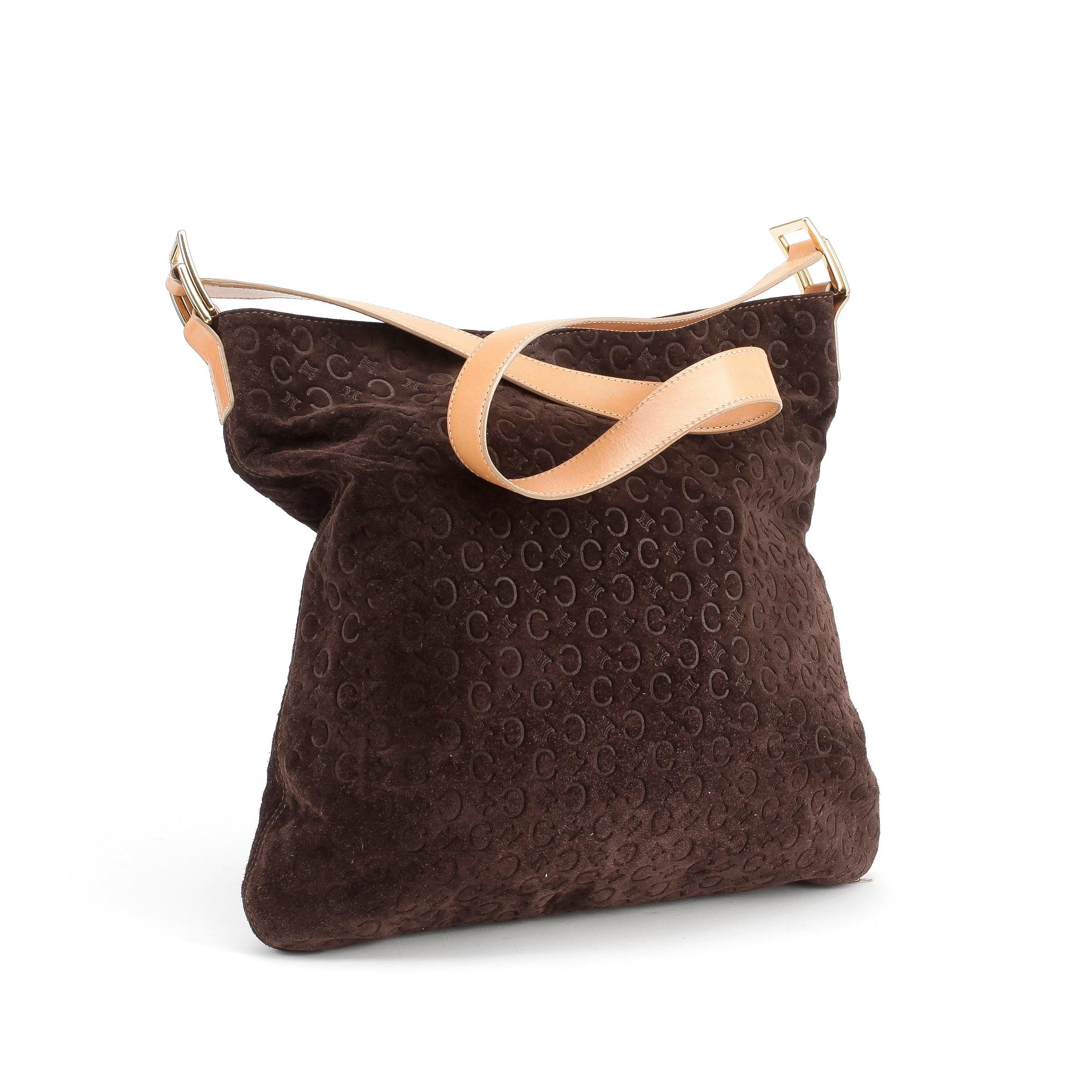 CELINE, a brown suede shoulder bag.