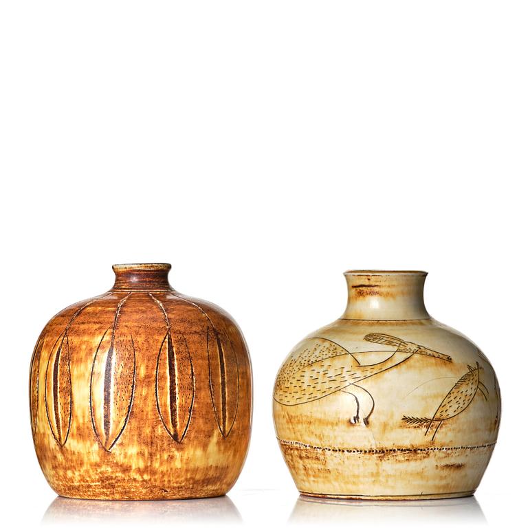 Anders Bruno Liljefors, two stoneware vases, Gustavsberg studio, Sweden ca 1949-50.