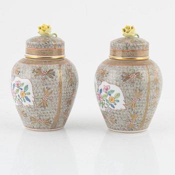 A porcelain tray and two lidded urns, Herend, Hungary, 1976.