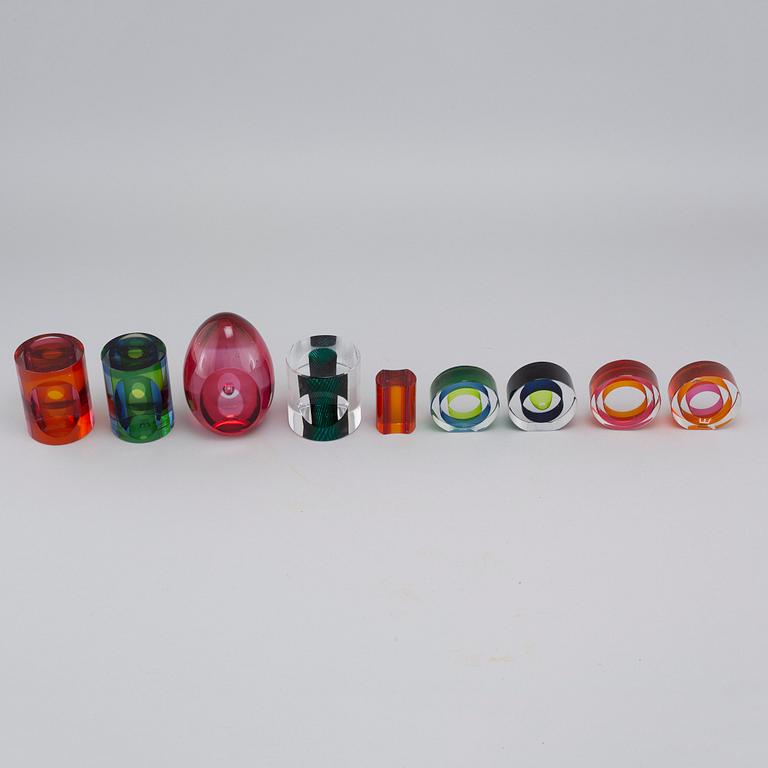 MONA MORALES-SCHILDT, nine glass objects for Kosta, partly signed.