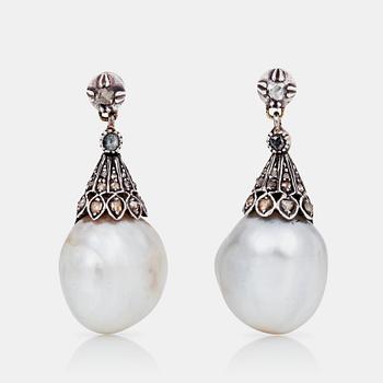 689. A pair of Victorian probably natural pearl and rose-cut diamond earrings.