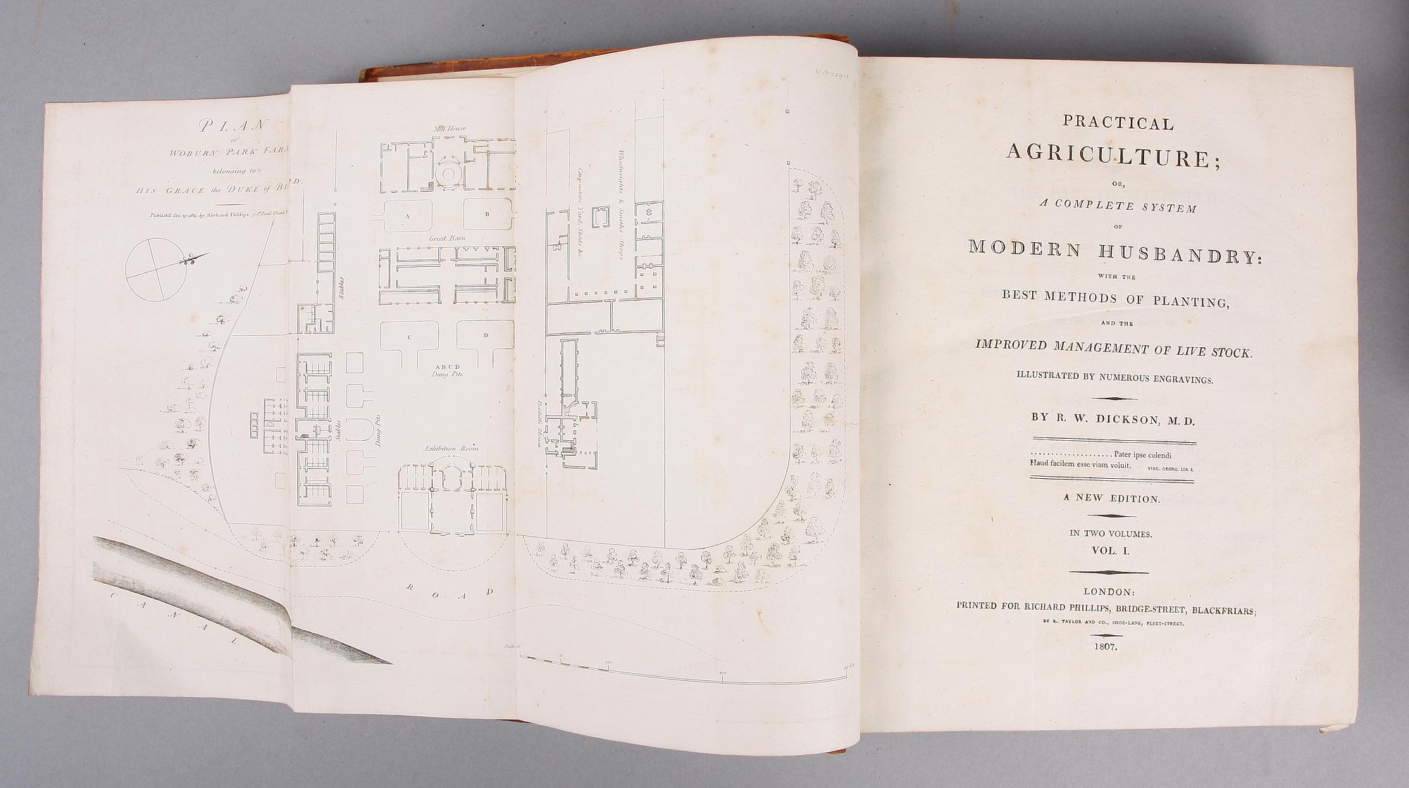 BOKVERK, 2 band, "PRACTICAL AGRICULTURE OR MODERN HUSBANDRY", vol I-II, av RW. Dickson, London 1807.