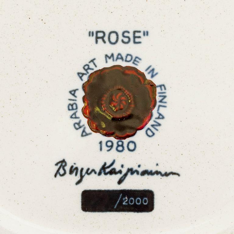 Birger Kaipiainen, decorative ceramic plate Rose, signed, not numbered, Arabia 1980 Made in Finland.