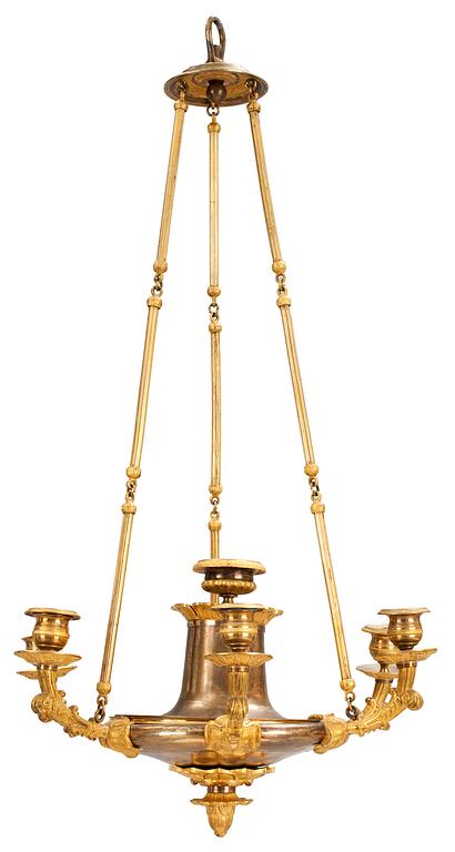 A French Empire early 19th century gilt bronze six-light hanging-lamp.