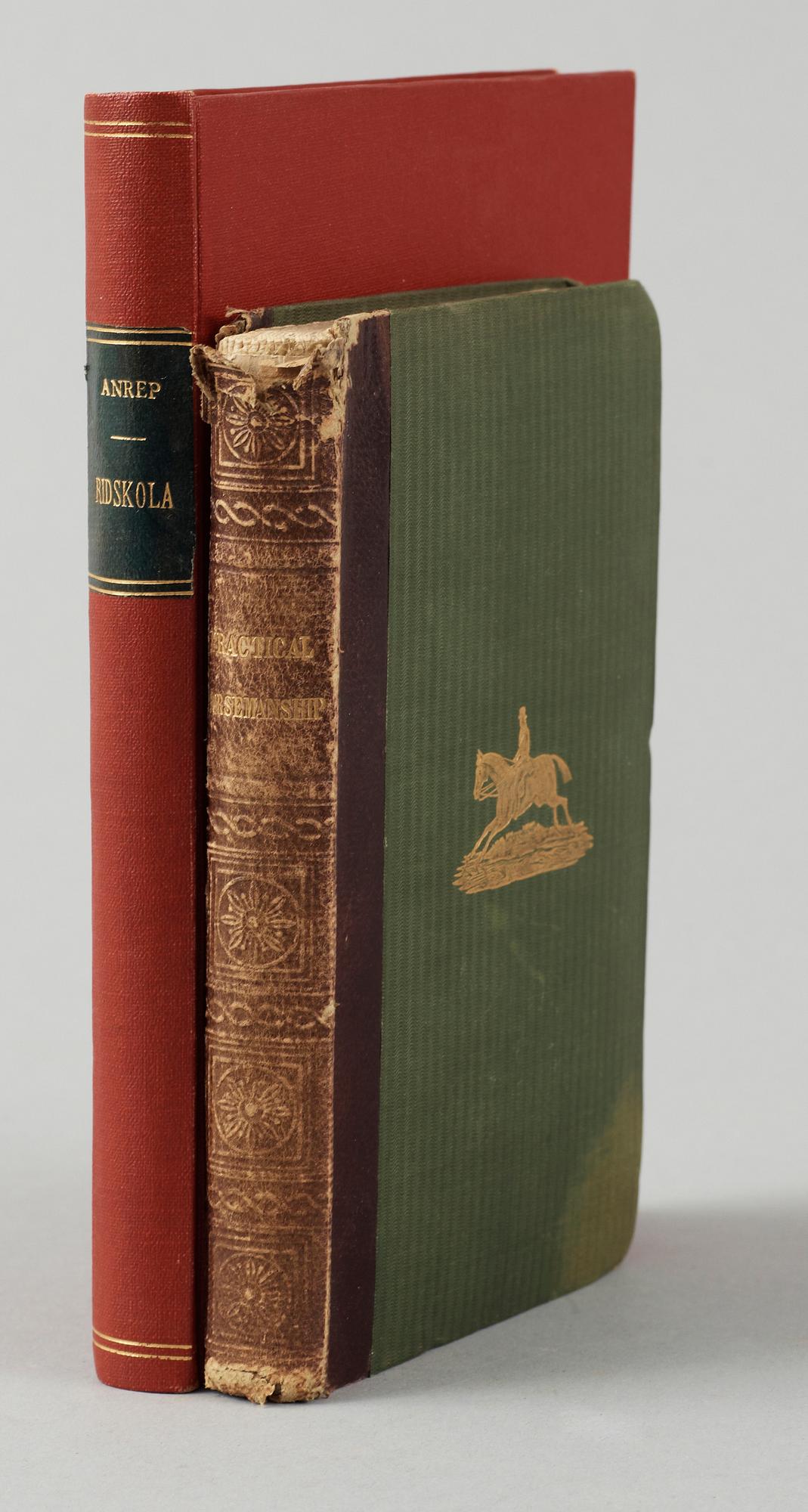 BÖCKER OM RIDNING, 2 st, bla "Ridskola" av HH. Anrep, Stockholm 1862.