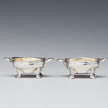 A mached pair of Swedish Rococo parcel-gilt silver salt-cellars, mark of Johan Bergengren, Kristianstad 1777 and 1780.