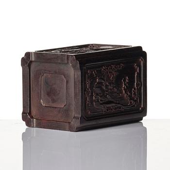 A well carved box with cover and brush pot, China, presumably Republic.