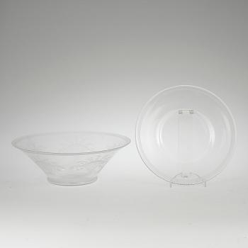 SKÅL MED FAT, glas, Edward Hald, Orrefors, 1920-tal. Fatet daterat 1922.