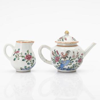 A Chinese famille rose porcelain teapot with cover and milk jug, Qing dynasty, Qianlong (1736–95).