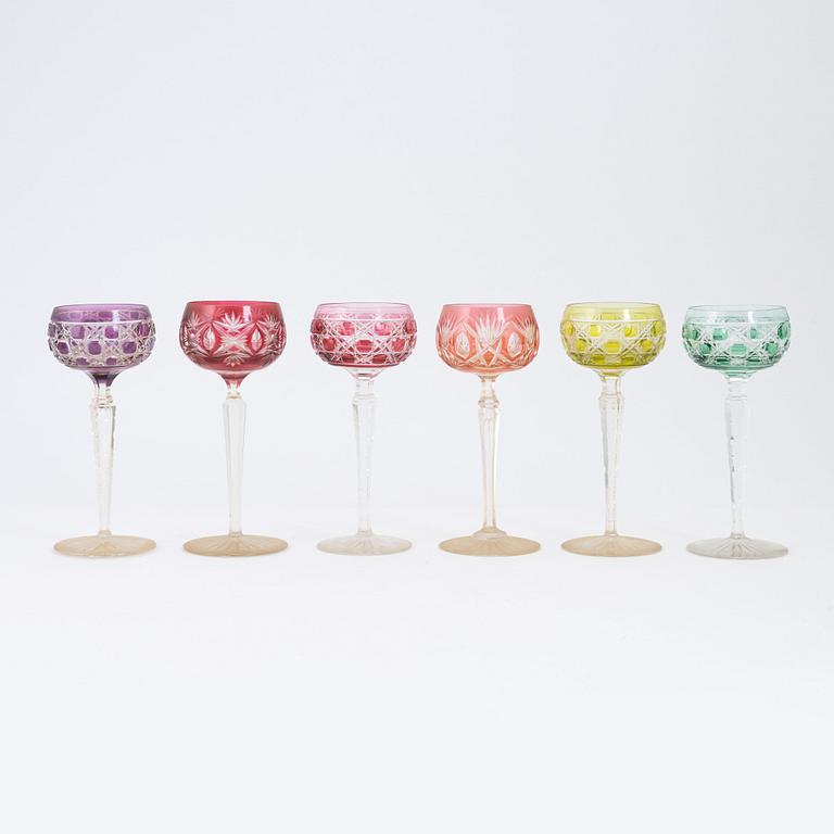 13 Bohemian style wine glasses, first half of the 20th century.