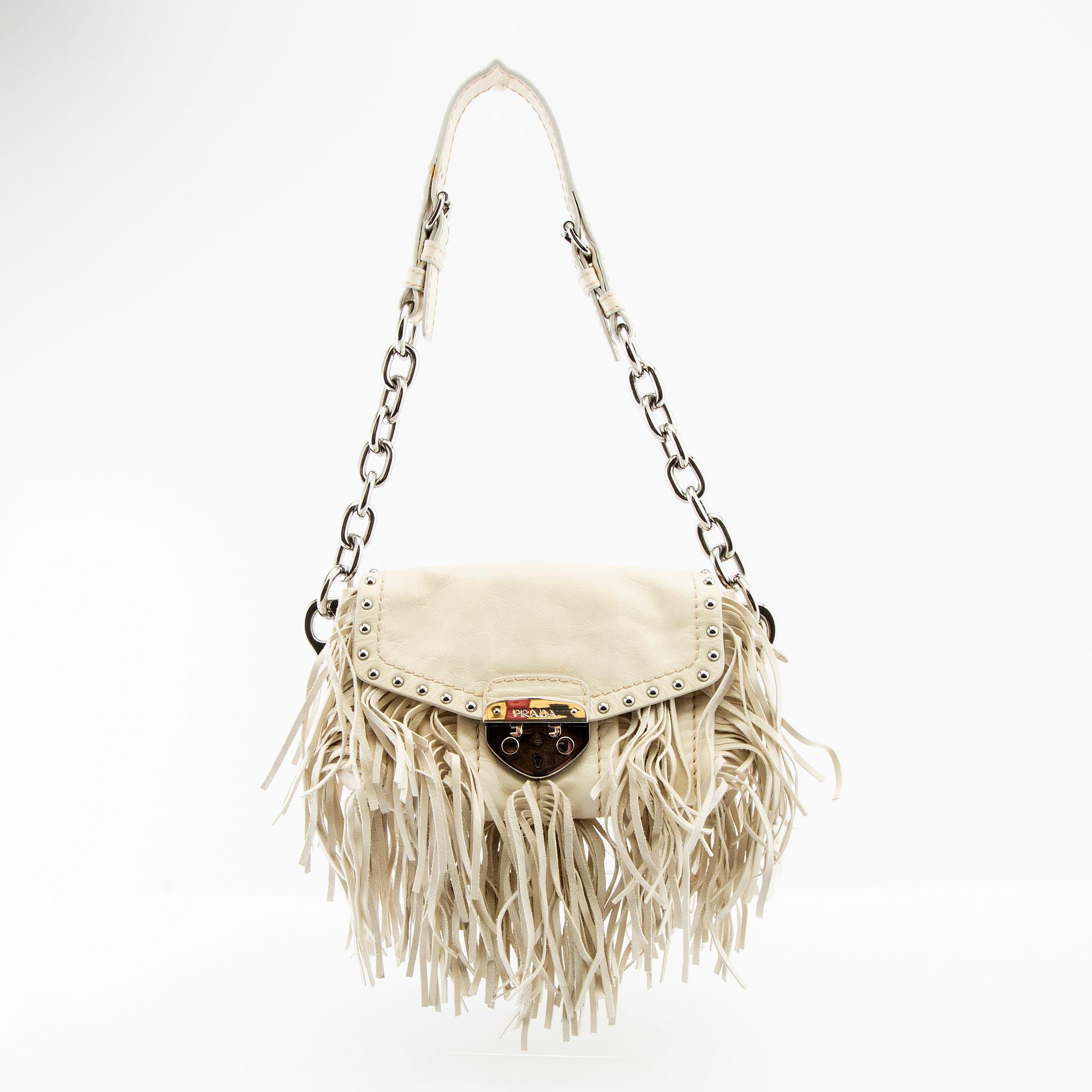 Prada, Bag "Cream Vitello Shine Leather Fringe Shoulder Bag".