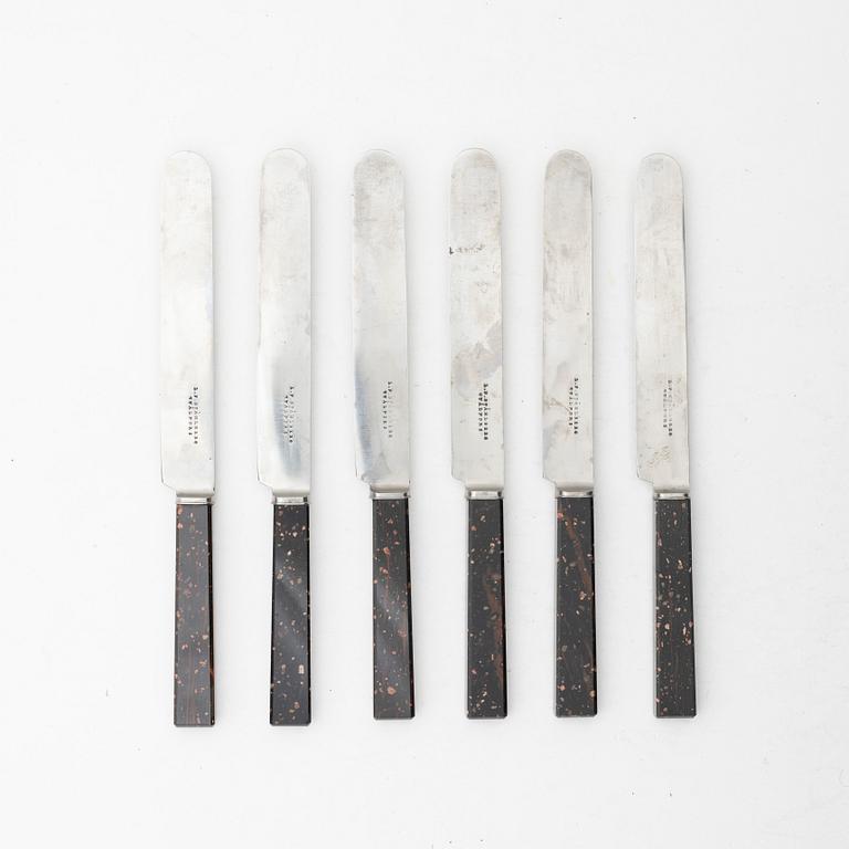 Six 19th century table knives with porphyry handles, Sweden.