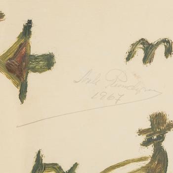 NILS RUNDGREN "Björnjägaren", gouache on paper, signed and dated 1967.
