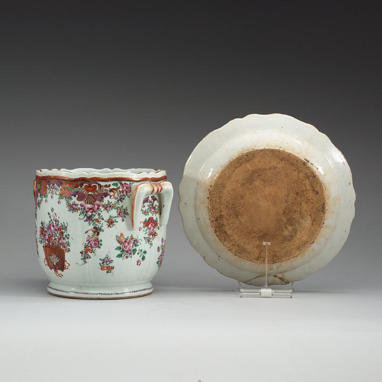 A famille rose flower pot/champagne cooler with dish, Qing dynasty, Qianlong (1736-95).