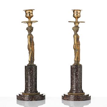 A pair of late Gustavian gilt brass and 'Blyberg' porhyry candlesticks in the manner of F. L. Rung, early 19th century.