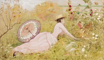 Julia Beck, Lady in pink in lush landscape.